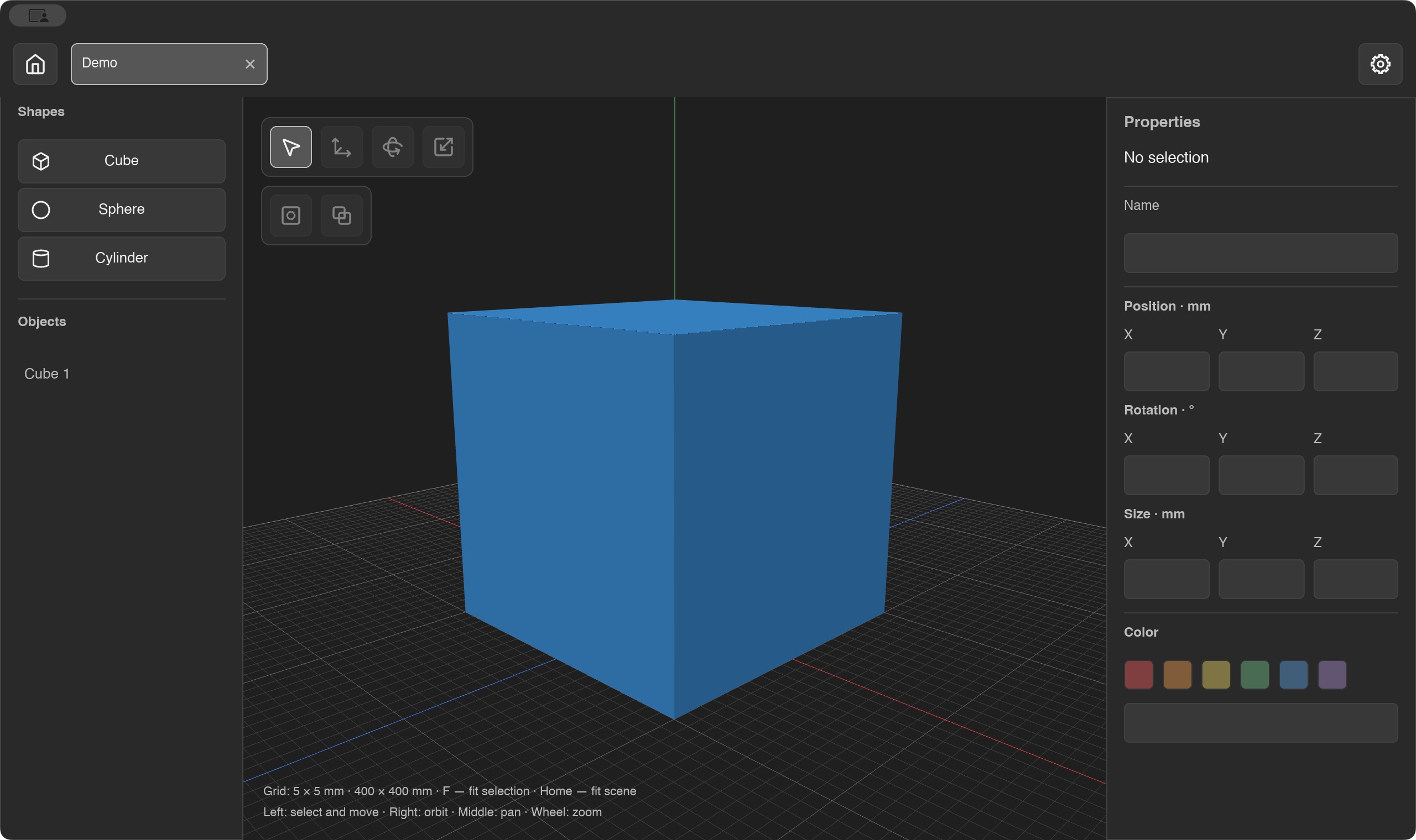 Teach3D desktop editor showing a blue cube on the modeling grid, with Shapes and Objects on the left and Properties on the right